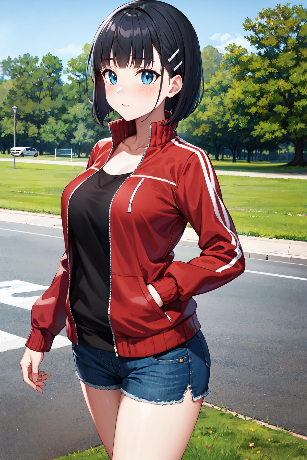 masterpiece, best quality, highres, aasugu, short hair, hairclip, large breasts, track jacket, red jacket, black shirt, blue shorts, <lora:kirigaya_suguha_v1:0.7>, standing, cowboy shot, park, outdoors,