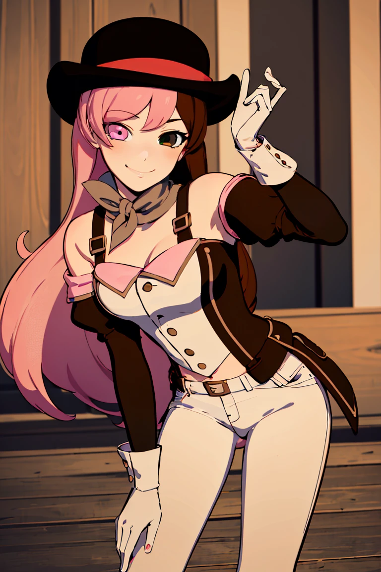 ((masterpiece,best quality)), absurdres,
<lora:Neopolitan_RWBY_v2_AnyLora:0.8>, Neopolitan_RWBY, pink hair, brown hair, split-color hair, ((brown eyes, pink eyes, heterochromia)), smug,
white pants, white gloves,
solo, smiling, looking at viewer, cowboy shot, leaning forward,