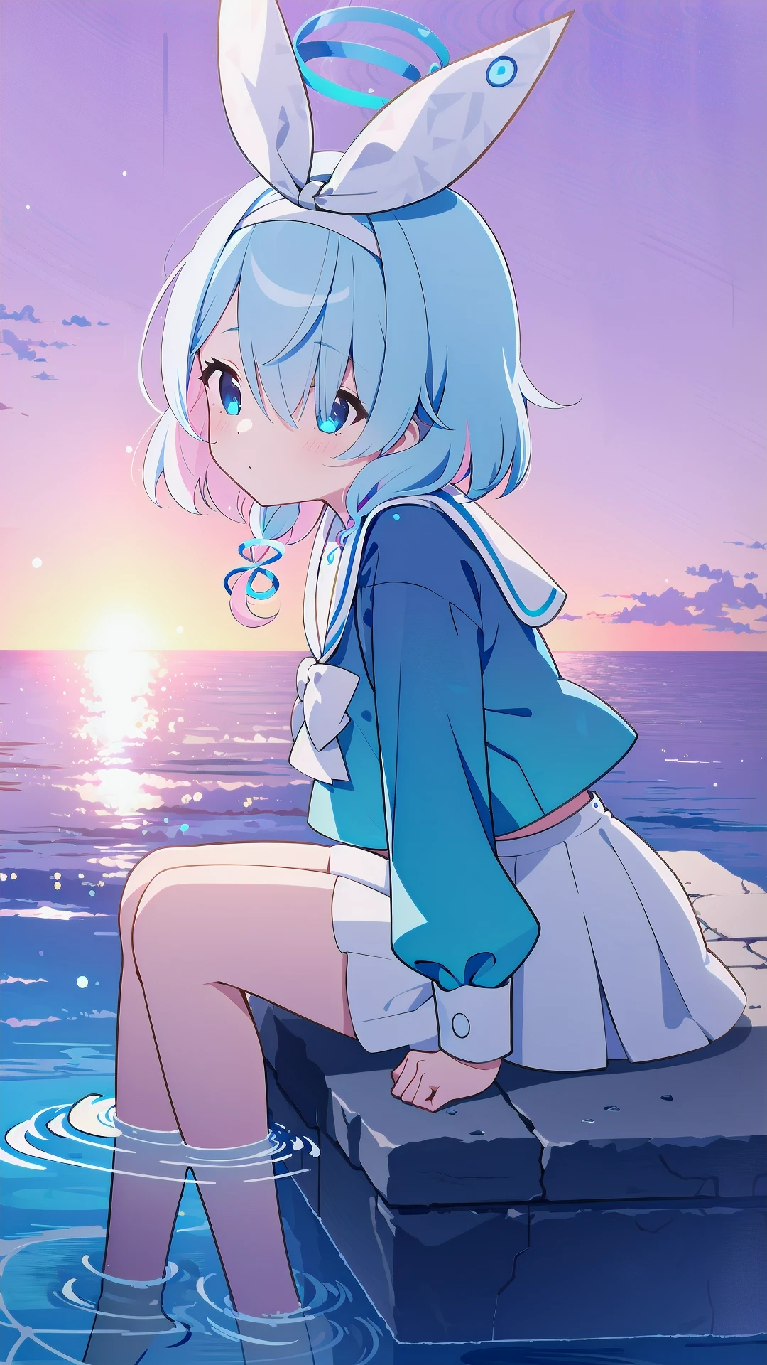 blue sky, 1girl, solo, <lora:BArtstyleREv3-CF3-Lion:0.9>, sitting, ruins, cloud, water, pink theme, sunset, wading, white background, ocean,  <lora:chara-arona-v1:0.8> arona, 1girl, white hairband, bow hairband, halo, short hair, single braid, serafuku, pleated skirt,  rim light, looking at viewer