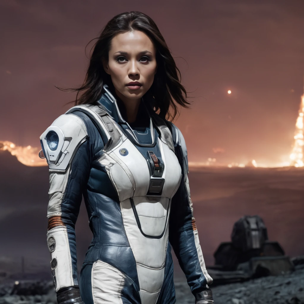 lexa_doig, <lora:LexaDoigXL:1>,((Space explorer)), futuristic tight full body space suit,i n front of post-apocalyptic ruins, post-apocalypse, long hair, alien motives, detailed, realistic, destroyed alien city in background, landed spaceship, god rays, reflection, raw, dramatic lighting,, ((sharp face, detailed face, realistic face, naturtal skin, realistic skin, detailed skin, pores)), ((perfect eyes, detailed eyes,realistic eyes))