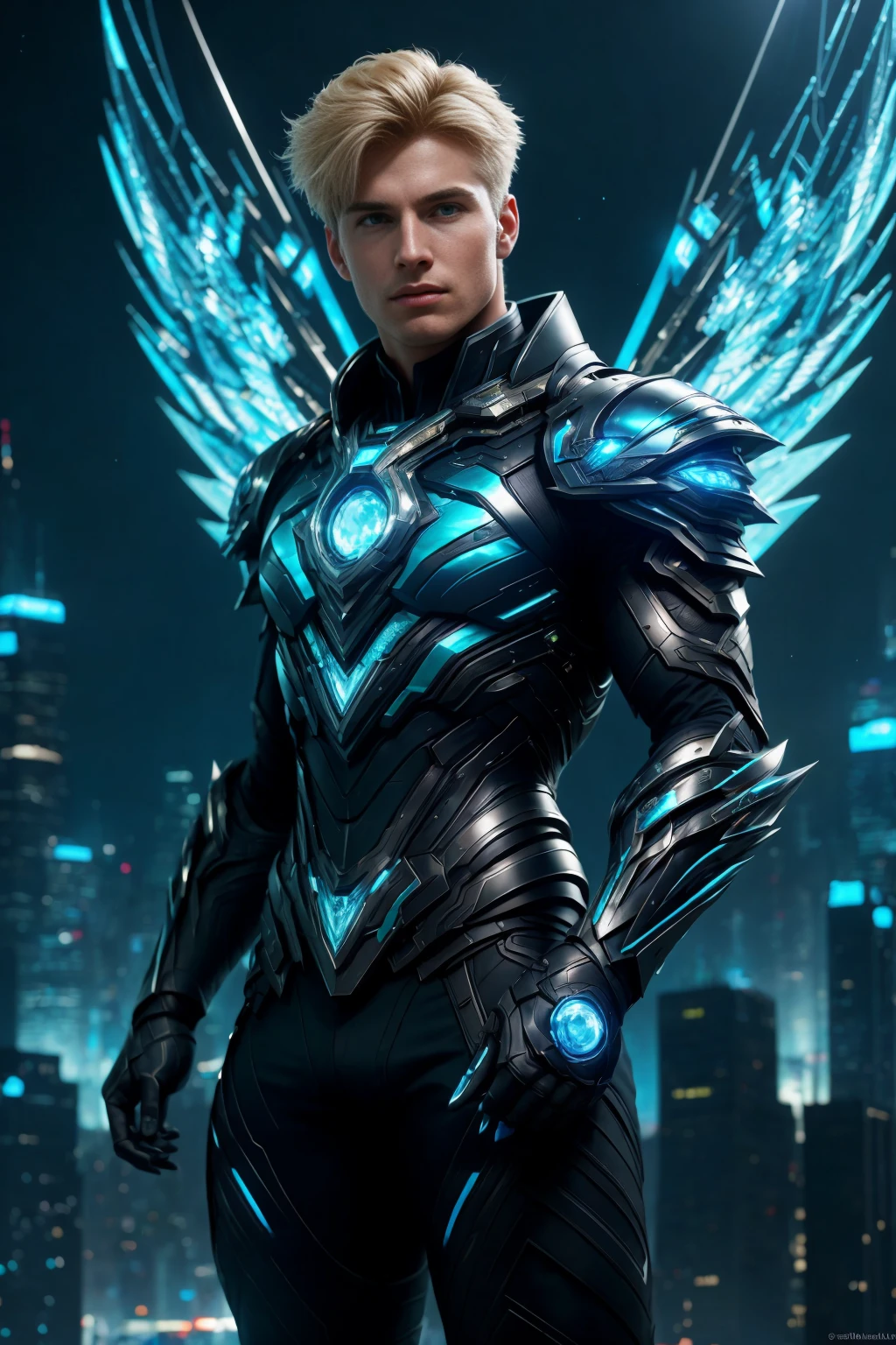 <lora:hadesarmor_v4:1>
In a futuristic city landscape, depict a blond young man in a dynamic action posture. He wears a __color__ hadesarmor. A hadesblackarmor that reflects the light like a mirror with a pair of symmetrical metal wings that gleams with iridescence. Amidst a cityscape of towering skyscrapers, holographic advertisements, and agile flying vehicles, the boy holds a pulsating crystal, symbolizing hope and courage. Capture the essence of this young hero's heroic stance in a future world teeming with technological marvels and challenges. Render the scene in real time 8k resolution with volumetric lighting and volumetric shadows to represent with the best quality this masterpiece.