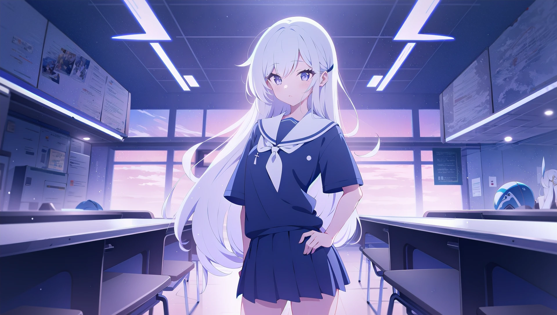 1girl, solo, <lora:BArtstyleREv3-CF3-Lion:0.8>, 1girl, solo, white hair, long hair, multicolored hair, school uniform, sweater, short sleeves, pleated skirt, standing, hand on hips, cropped legs, cowboy shot,, purple theme, indoors, sci-fi, screen,