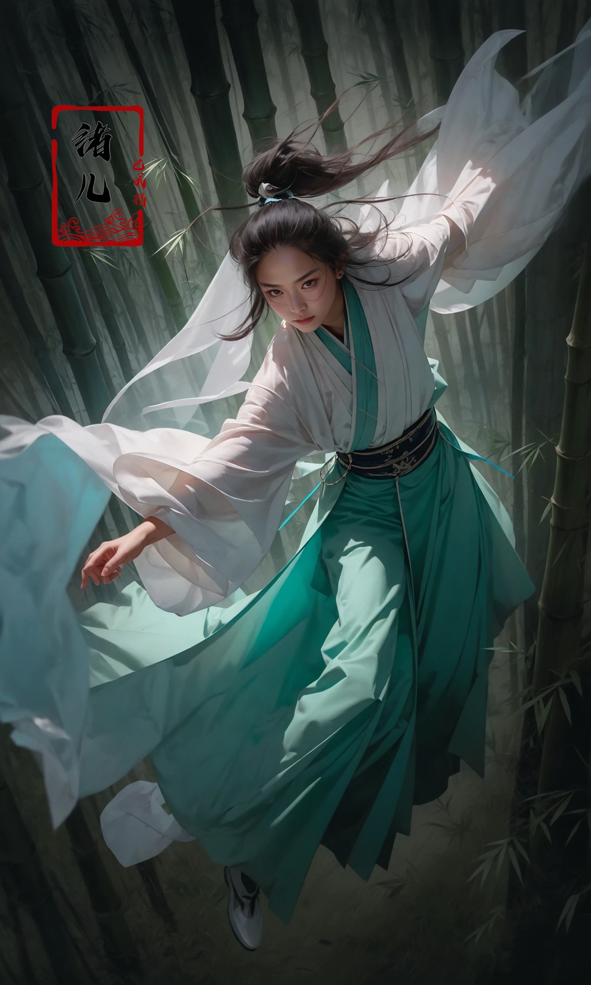 To shoot from above.  art by Zao Wou-kiextreme close - up, focus on face, A woman in cyan Hanfu, wearing a white transparent veil Chinese swordsman floats over the bamboo forest and stretches his body, sologopro photography, enemy falling to the ground, ancient Chinese bamboo forest in the background, concept art
QingKung1girl( super vista, super wide Angle:1.6)
<lora:~Q?-{R Qing Kung:0.8>