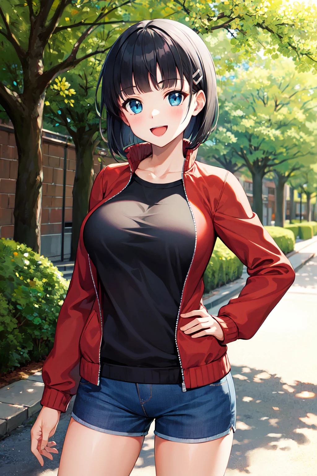 masterpiece, best quality, highres, aasugu, short hair, hairclip, large breasts, track jacket, red jacket, black shirt, blue shorts, <lora:kirigaya_suguha_v1:0.7>, hand on hip, smile, open mouth, outdoors