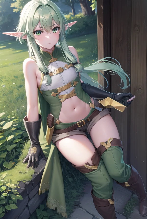 highelfarcher, <lora:highelfarcher-lora-nochekaiser:1>, 
high elf archer, elf, (green eyes:1.5), green hair, hair between eyes, long hair, pointy ears, sidelocks, (flat chest:1.2),
BREAK asymmetrical clothes, boots, cloak, elf, gloves, green thighhighs, high heels, shorts, thighhighs,
BREAK looking at viewer,
BREAK outdoors, nature, forest,
BREAK <lyco:GoodHands-beta2:1>, (masterpiece:1.2), best quality, high resolution, unity 8k wallpaper, (illustration:0.8), (beautiful detailed eyes:1.6), extremely detailed face, perfect lighting, extremely detailed CG, (perfect hands, perfect anatomy),