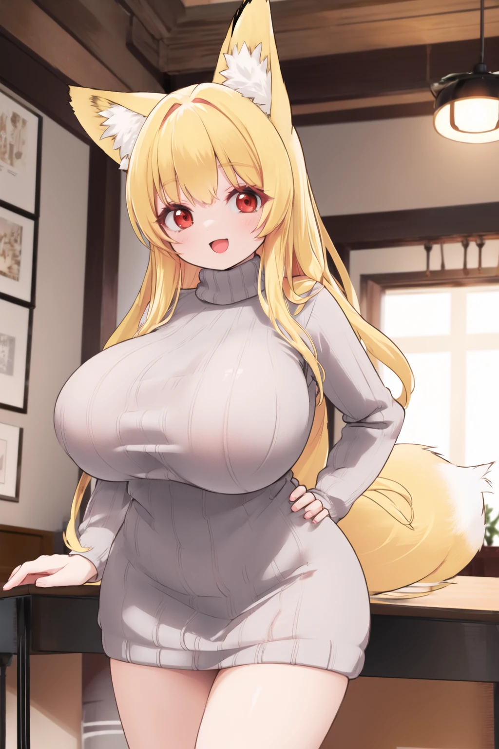 <lora:futon-10:0.6>, blonde hair, sweater dress, minidress, wide hips, huge breasts, :d, fox ears, fox tail, indoors, red eyes