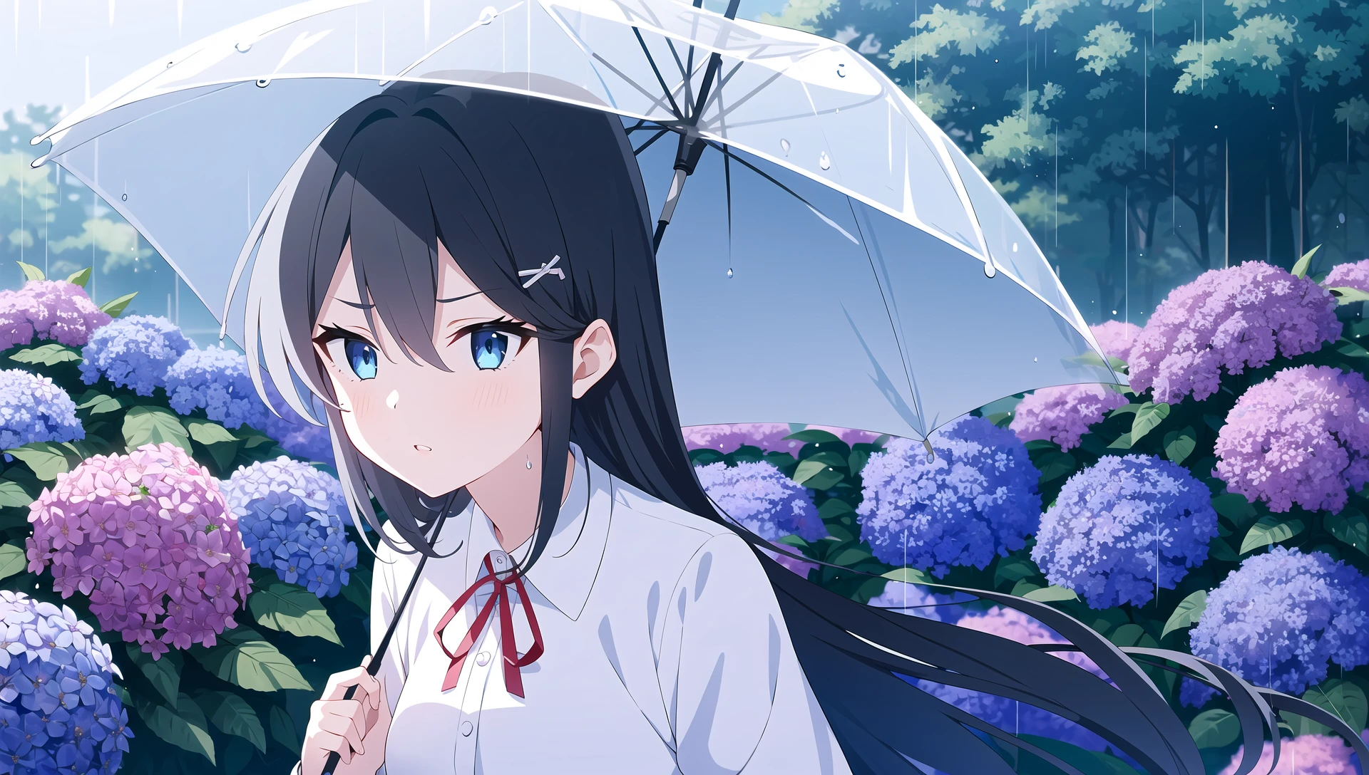 1girl, solo, <lora:BArtstyleREv3-ANY-Lion:0.8>, grey theme, holding umbrella, hydrangea, parasol,rain, red umbrella, shared umbrella, transparent, transparent umbrella, 1girl, flower, snail,holding, raincoat, solo, long hair, teruterubouzu,very long hair, purple flower, blue eyes, outdoors, long sleeves, ribbon, neck ribbon, water drop, overcast, white shirt, rubber boots, hair ornament, upper body, parted lips, utility pole, eyebrows visible through hair