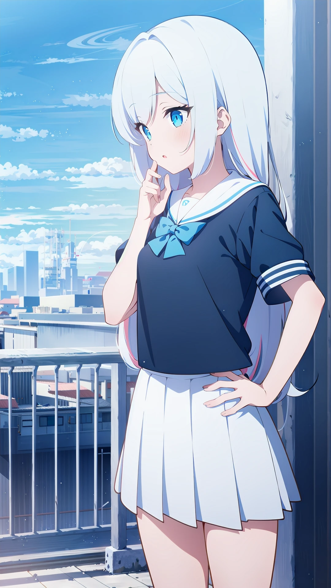1girl, solo, <lora:BArtstyleREv3-CF3-Lion:0.8>, 1girl, solo, white hair, long hair, multicolored hair, school uniform, sweater, short sleeves, pleated skirt, standing, hand on hips, cropped legs, cowboy shot,, blue sky, day, outdoors, modern buildings, cityscape,