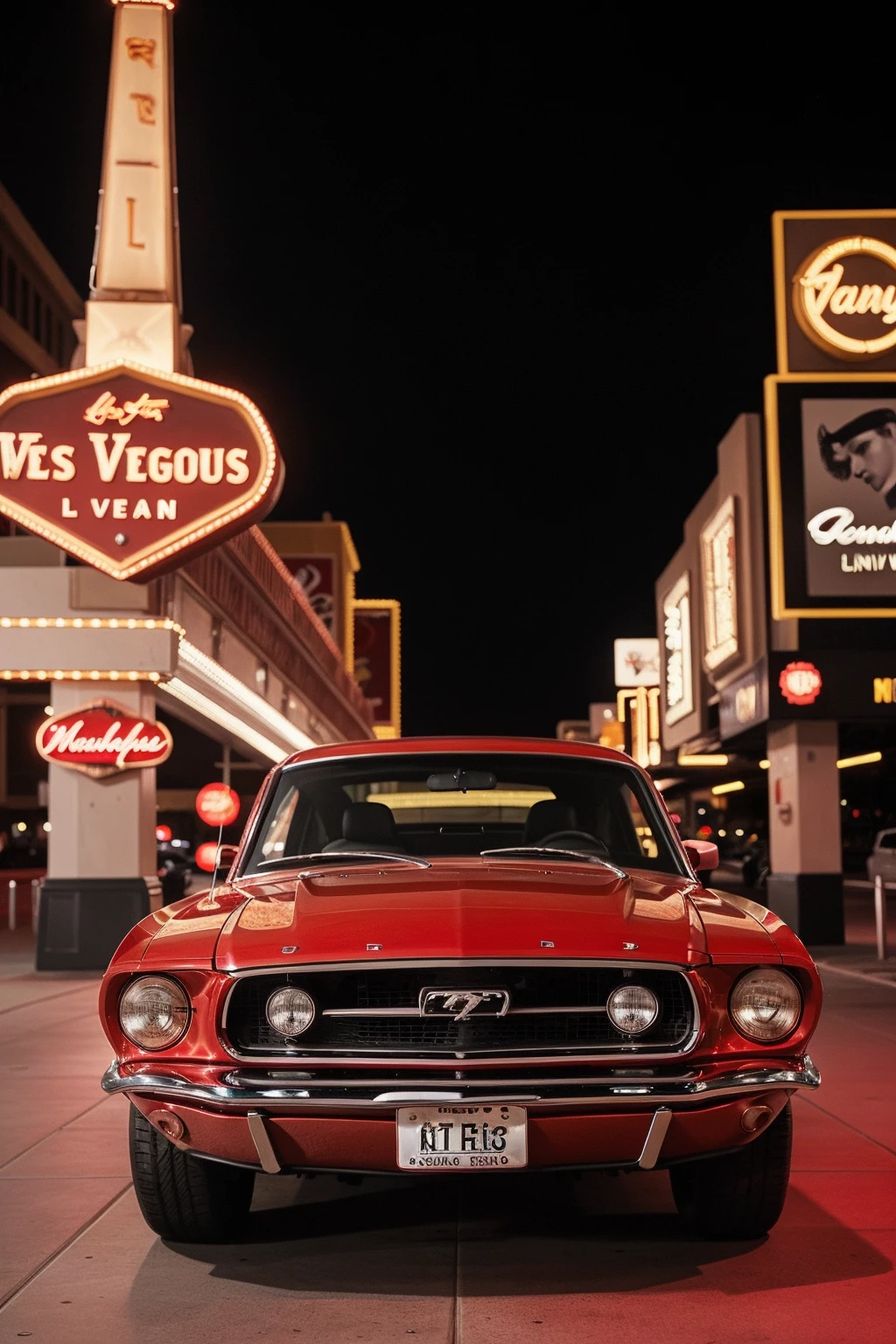 Photo of a classic red mustang car parked in las vegas strip at night
