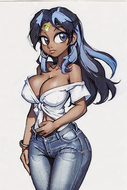 <lora:Shon_Howell_Style:0.75>, Shon_howell_style, 1girl, linework, solo, breasts, medium breasts, cleavage, polychrome, colorful, bare shoulders, standing, long hair, blue hair, dark brown eyes, dark skin, dark skinned female, jeans, tight white shirt, tied shirt
