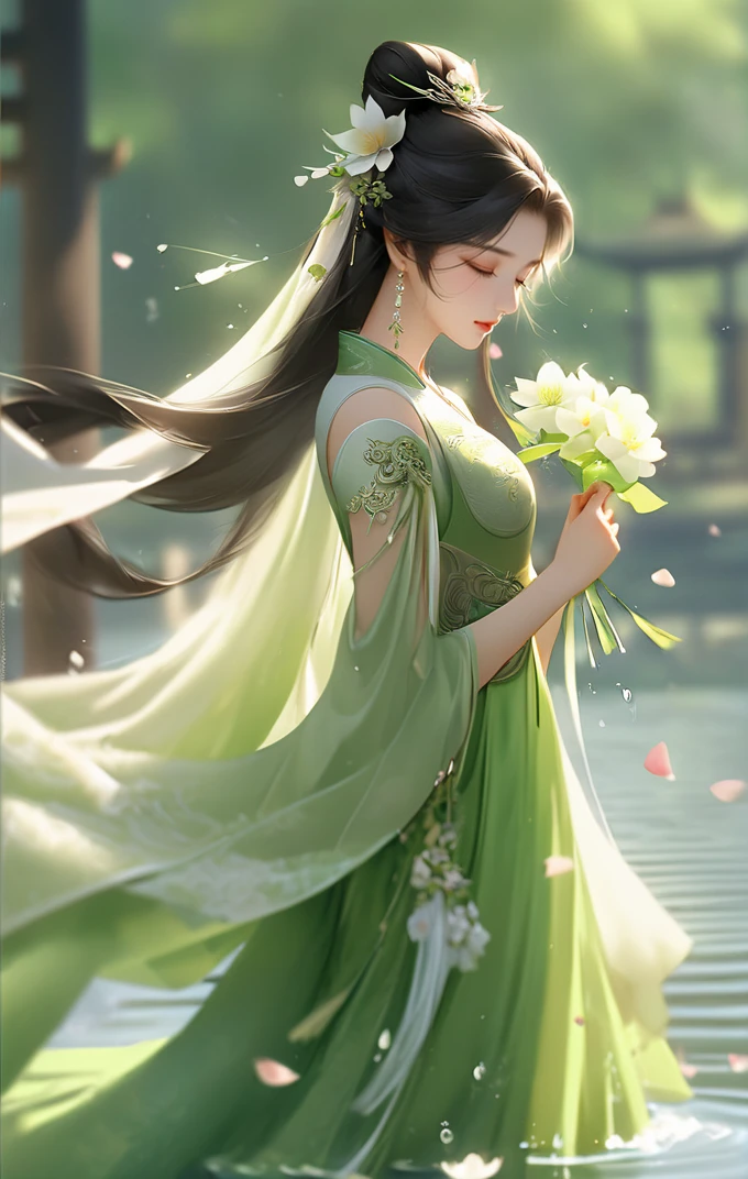 masterpiece, best quality
1girl, black hair, blurry, blurry background, chinese clothes, closed eyes, closed mouth, dress, earrings, facial mark, falling petals, flower, forehead mark, green dress, hair bun, hair flower, hair ornament, holding, holding flower, jewelry, long hair, petals, single hair bun, solo, upper body, water