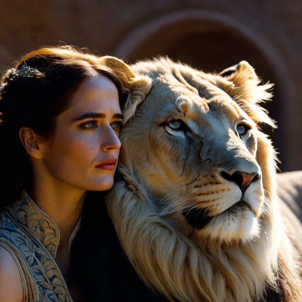 eva_green, <lora:EvaGreenXL:1>, side shot of a woman with very long hair, hugging a huge fluffy white lion, woman sleeping, sad and dark, aesthetic background, vibrant color, light and shadow play, ((perfect eyes, detailed eyes,realistic eyes)), ((sharp face, detailed face, realistic face, naturtal skin, realistic skin, detailed skin, pores)), (masterpiece, best quality, ultra-detailed, best shadow), high contrast, (best illumination), ((cinematic light)), colorful, hyper detail, dramatic light, intricate details, (1 girl, solo) , ultra detailed artistic photography, dreamy, backlit, shadows, ultra high definition, 8k, ultra sharp focus, ultra high quality model, soft lighting, film photography, analogue photography, hyperrealism,