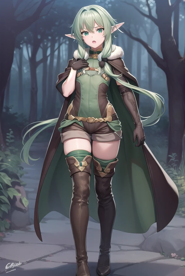 highelfarcher, <lora:highelfarcher-lora-nochekaiser:1>, 
high elf archer, elf, (green eyes:1.5), green hair, hair between eyes, long hair, pointy ears, sidelocks, (flat chest:1.2), <lora:doyagao_v080:1>, <lora:talkmouth_U_v100:1>, open mouth,
BREAK asymmetrical clothes, boots, cloak, elf, gloves, green thighhighs, high heels, shorts, thighhighs,
BREAK looking at viewer,
BREAK outdoors, nature, forest,
BREAK <lyco:GoodHands-beta2:1>, (masterpiece:1.2), best quality, high resolution, unity 8k wallpaper, (illustration:0.8), (beautiful detailed eyes:1.6), extremely detailed face, perfect lighting, extremely detailed CG, (perfect hands, perfect anatomy),