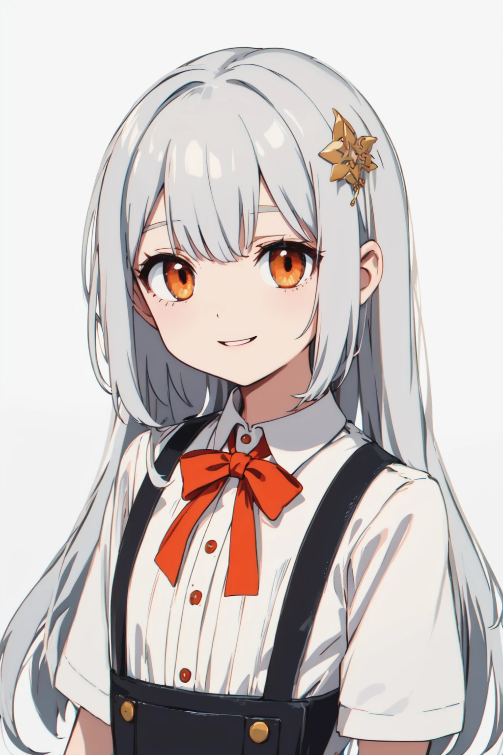 (chibi:1.5),1 girl,solo,orange eyes,happy,silver hair, long hair, bangs, hair_ornament, puffy_sleeves, shirt, short_sleeves, suspenders