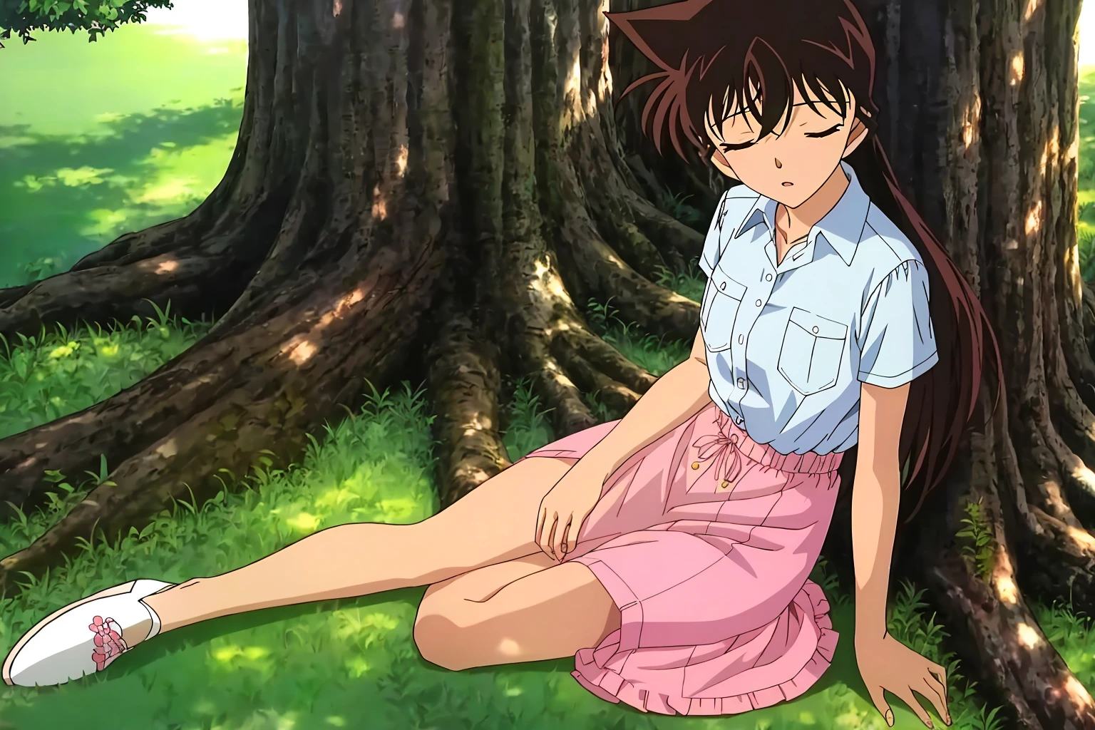 NSFW,Game cg,(Illustration:0.8), extra detailed face, Perfect Lighting, extremely details CG, (Perfect hands, Perfect Anatomy),high resolution,perfect anatomy,cinematic lighting,anime keyvisual,super detailed skin,super detailed eyes,white skin ,highest quality, masterpiece, Ran, 1 girl,length_hair, looking for_in_viewer, green_eye, Brown_hair, belly button, cleavage, clavicle, null, Day, lying ,lighting forward,realistic,grass field,woods,spotlights, ((naked)), nipples, pussy,