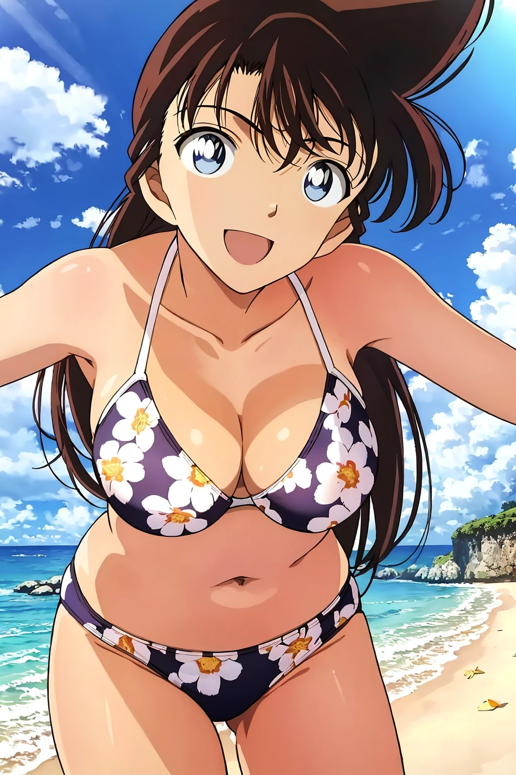 ran, 1girl, solo, long_hair, breasts, looking_at_viewer, smile, open_mouth, blue_eyes, large_breasts, brown_hair, navel, cleavage, collarbone, swimsuit, :d, bikini, outdoors, sky, day, cloud, water, leaning_forward, ocean, white_bikini, beach, floral_print, tan, print_bikini