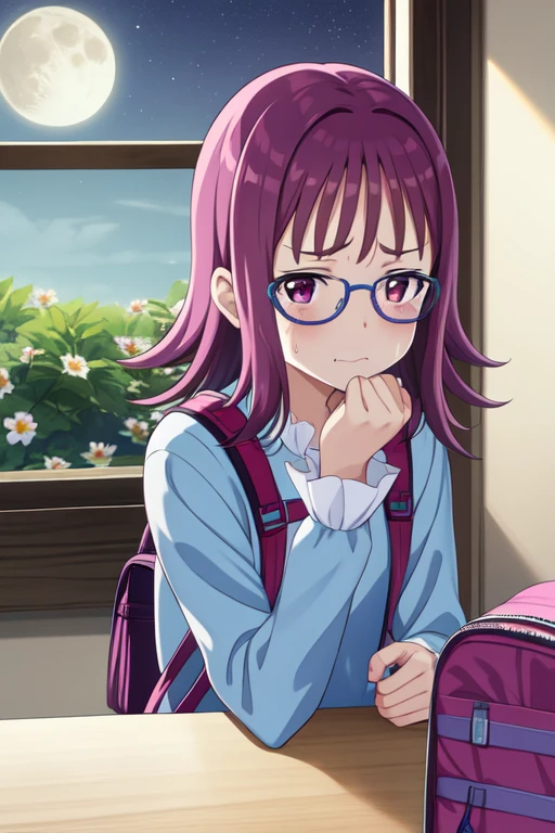 hojosakura, glasses, flower, day, window, sweatdrop, POV, backpack, closed mouth, hand on own chin, thinking, moon