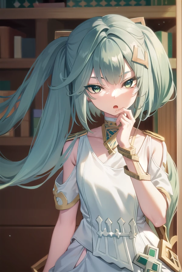 faruzan, <lora:faruzan-lora-nochekaiser:1>,
faruzan, aqua hair, blunt bangs, cowlick, (green eyes:1.5), hair between eyes, hair ornament, long hair, (symbol-shaped pupils:1.5), (triangle-shaped pupils:1.5), twintails, x hair ornament, <lora:gekioko_v200:1>, angry, open mouth,
BREAK bangle, bare shoulders, bracelet, dress, jewelry, short sleeves, shiny clothes,
BREAK looking at viewer, full body, (cowboy shot:1.5), upper body,
BREAK indoors, library,
BREAK <lyco:GoodHands-beta2:1>, (masterpiece:1.2), best quality, high resolution, unity 8k wallpaper, (illustration:0.8), (beautiful detailed eyes:1.6), extremely detailed face, perfect lighting, extremely detailed CG, (perfect hands, perfect anatomy),