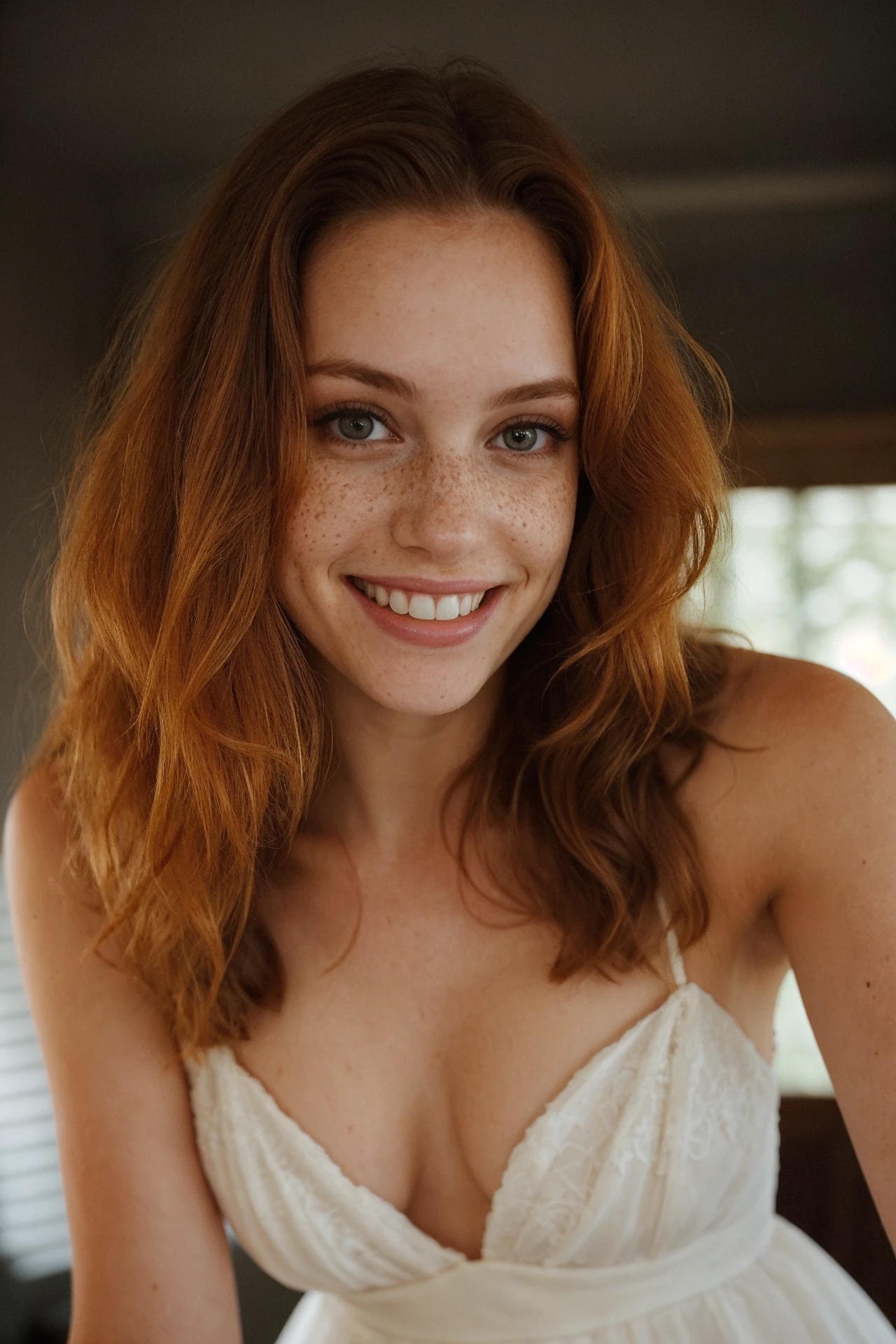 beautiful average looking woman, smiling, white teeth, dress, (looking at the camera:1.4), (highest quality), (best shadow), intricate details, interior, ginger hair:1.3, dark studio, muted colors, freckles