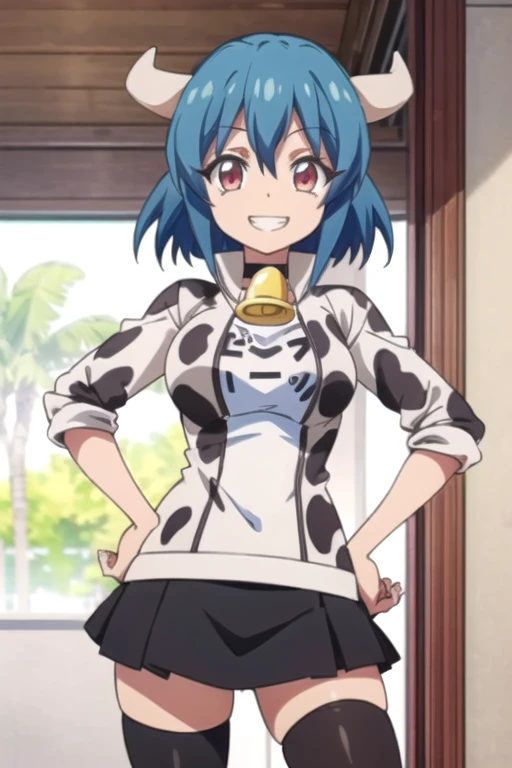 (((pixel-perfect, detail-perfect))), solo, 1girl,  <lora:minos-jashinchan-01:0.75>, minos, asymmetrical legwear, cowbell, thighhighs, cow print, looking at viewer, hands on hips, grin