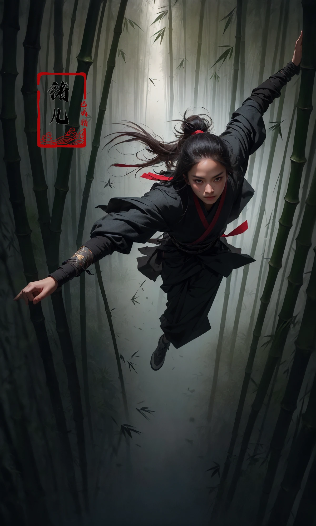 To shoot from above.  art by Zao Wou-kiextreme close - up, focus on face, A woman in red Hanfu, wearing a white transparent veil Chinese swordsman floats over the bamboo forest and stretches his body, sologopro photography, enemy falling to the ground, ancient Chinese bamboo forest in the background, concept art
QingKung1girl( super vista, super wide Angle:1.6)
<lora:~Q?-{R Qing Kung:0.8>