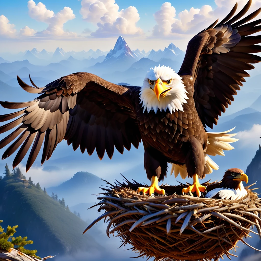 modisn disney style, absolutely outstanding image of eagle sitting in a nest, high altitude, spectacular, stunning