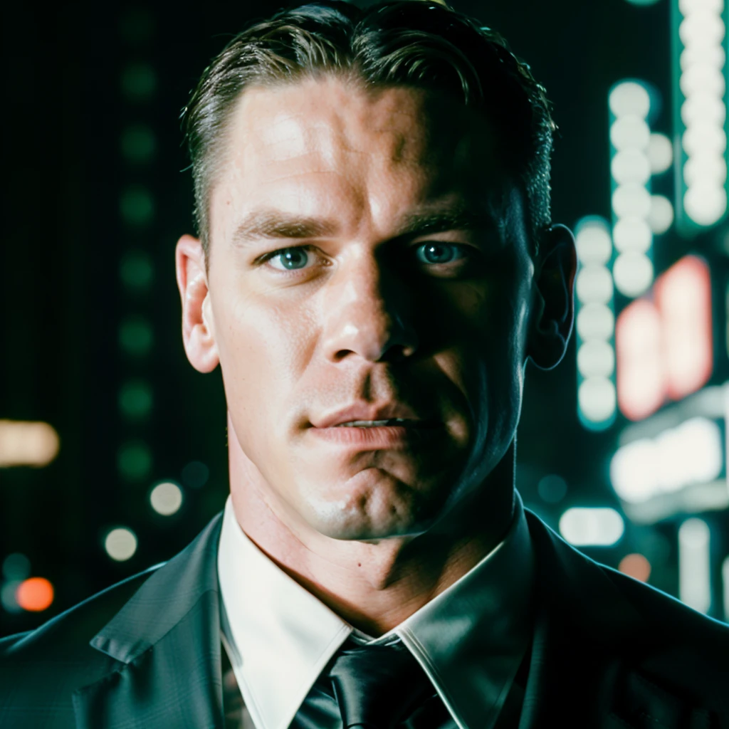 face portrait of johncena person using a tuxedo, in blade runner, professional photography, high resolution, 4k, detailed photo,  <lora:johncena_22500:1>