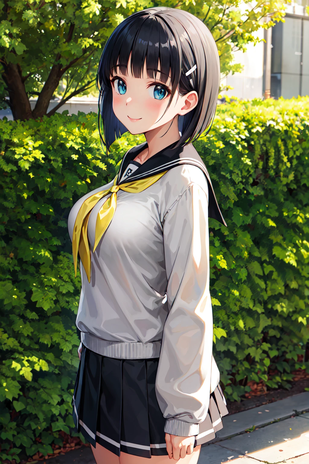 masterpiece, best quality, highres, aasugu, short hair, hairclip, large breasts, grey sweater, black sailor collar, yellow neckerchief, black skirt, <lora:kirigaya_suguha_v1:0.7>, standing, cowboy shot, outdoors, smile