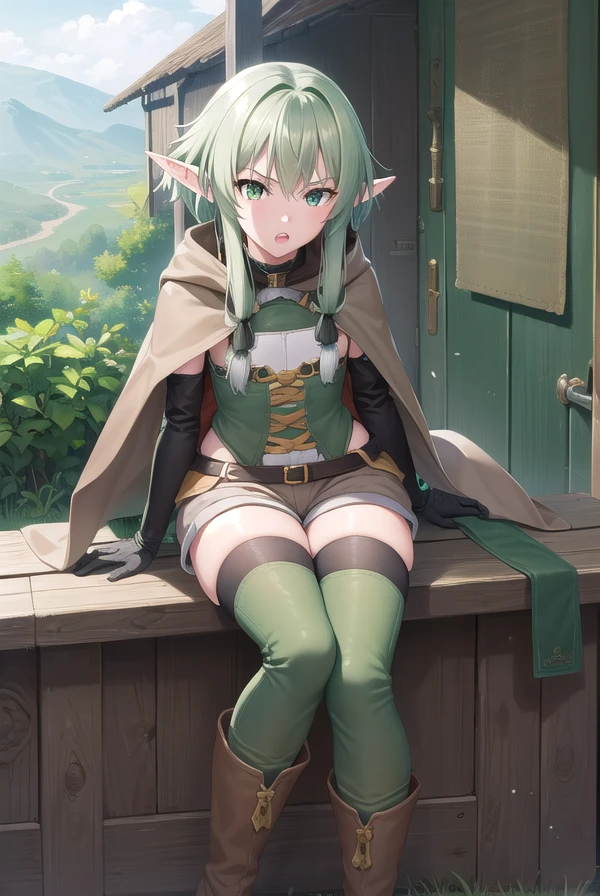 highelfarcher, <lora:highelfarcher-lora-nochekaiser:1>, 
high elf archer, elf, (green eyes:1.5), green hair, hair between eyes, long hair, pointy ears, sidelocks, (flat chest:1.2), <lora:doyagao_v080:1>, <lora:talkmouth_U_v100:1>, open mouth,
BREAK asymmetrical clothes, boots, cloak, elf, gloves, green thighhighs, high heels, shorts, thighhighs,
BREAK looking at viewer,
BREAK outdoors, nature, forest,
BREAK <lyco:GoodHands-beta2:1>, (masterpiece:1.2), best quality, high resolution, unity 8k wallpaper, (illustration:0.8), (beautiful detailed eyes:1.6), extremely detailed face, perfect lighting, extremely detailed CG, (perfect hands, perfect anatomy),