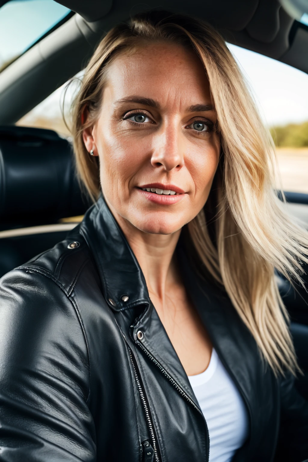 a photo of a 40 year old woman,  driving a motorbike,  long blonde hair,  black leather jacket,  HDR,  intricate details,  detailed face,  detailed eyes,  detailed skin,  extreme realistic