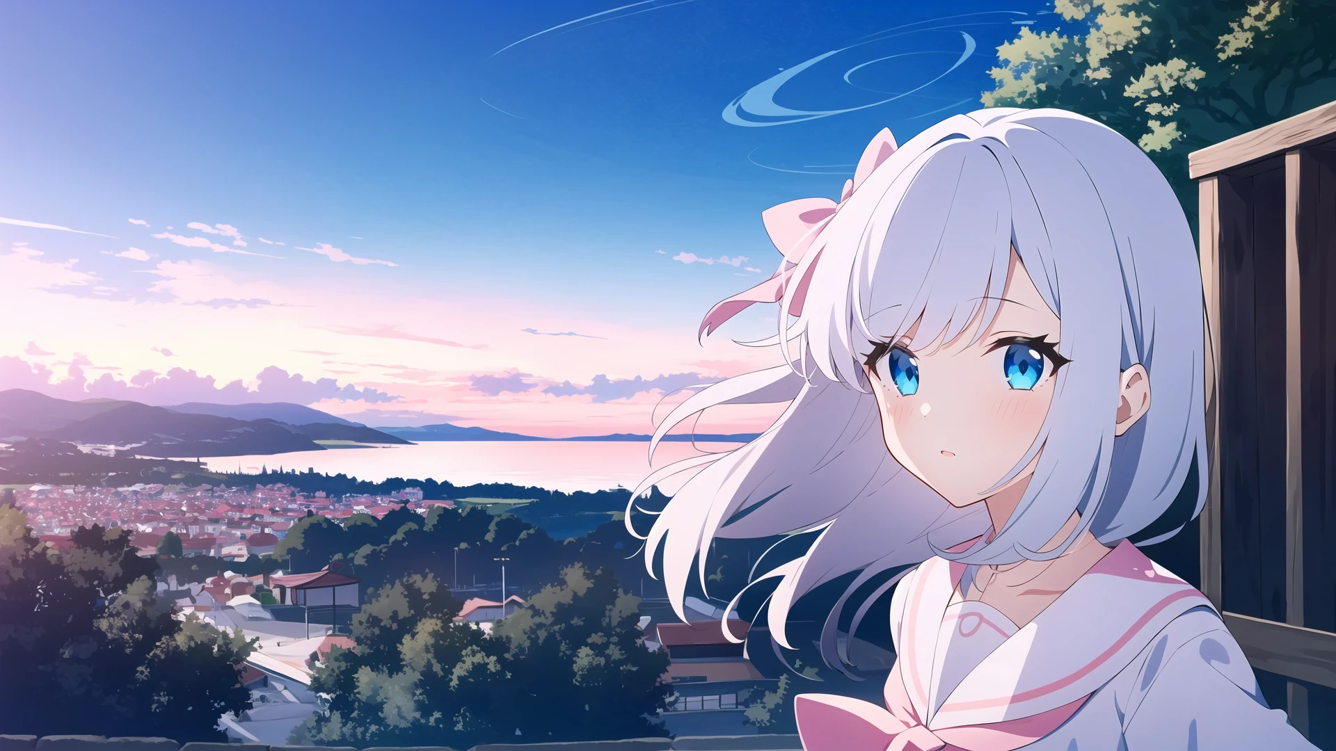 1girl, solo, <lora:BArtstyleREv3-ANY-Lion:0.7>,1girl, solo, 1girl, solo, white hair, blue eyes, outdoors, uniform, upper body, (pink theme:1.2), [blue sky:0.5], scenery, horizon, serafuku, looking at viewer,