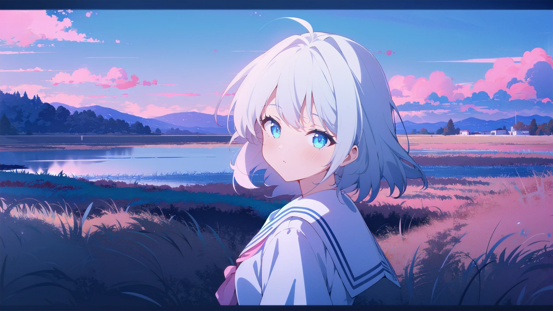 1girl, solo, <lora:BArtstyleREv3-Silicon29-Lion:0.7>, 1girl, solo, white hair, blue eyes, outdoors, uniform, upper body, (pink theme:1.2), [blue sky:0.5], scenery, horizon, serafuku, looking at viewer,