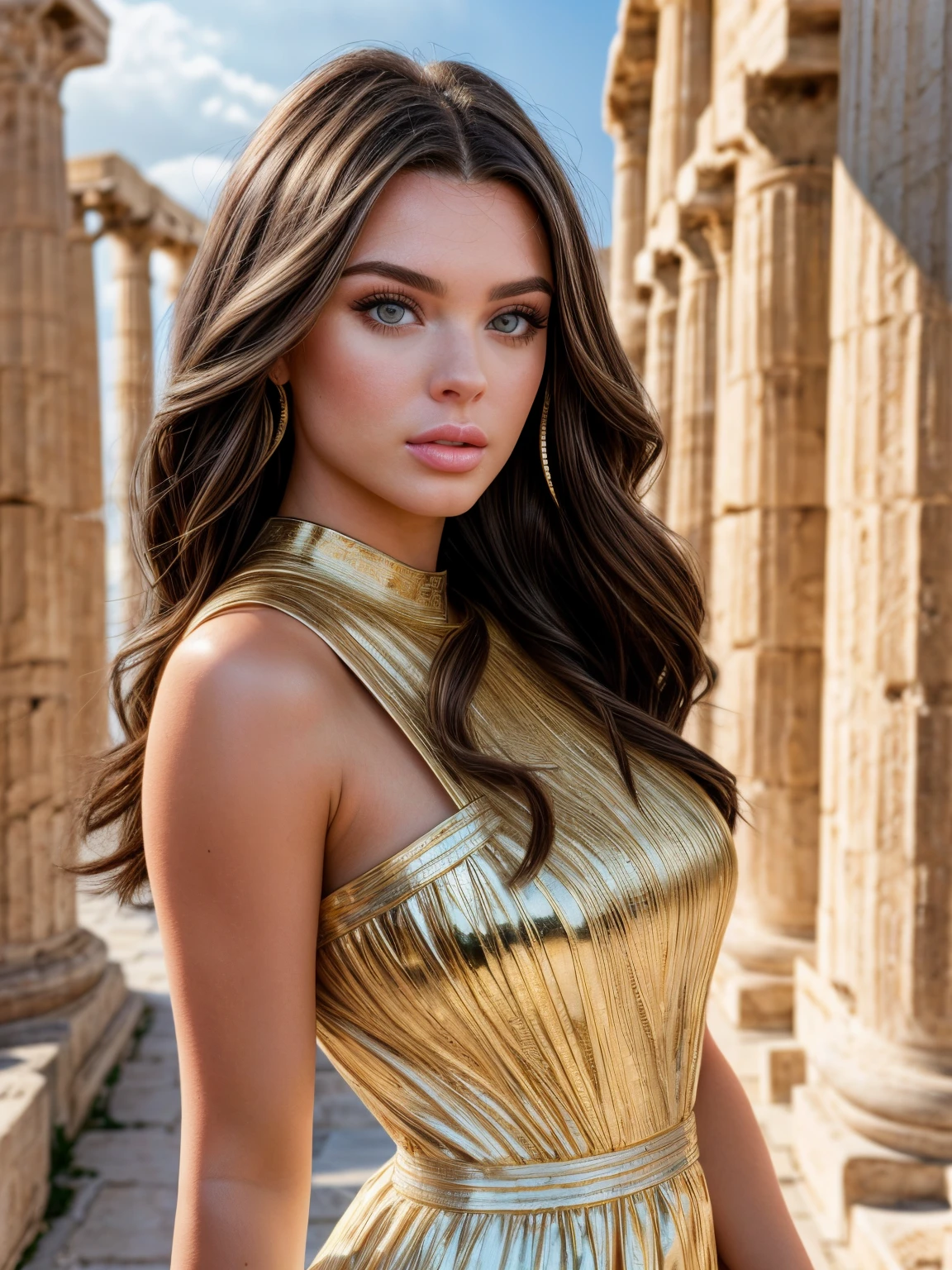closeup headshot of gorgeous  brunette larho in an ancient greek city wearing a white dress with intricate gold details, long flowing hair, <lora:add_detail:1>,  <lora:epiCRealismHelper:1>