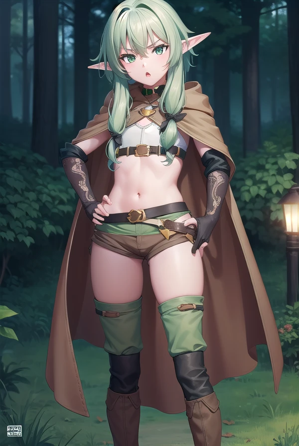 highelfarcher, <lora:highelfarcher-lora-nochekaiser:1>, 
high elf archer, elf, (green eyes:1.5), green hair, hair between eyes, long hair, pointy ears, sidelocks, (flat chest:1.2), <lora:doyagao_v080:1>, <lora:talkmouth_U_v100:1>, open mouth,
BREAK asymmetrical clothes, boots, cloak, elf, gloves, green thighhighs, high heels, shorts, thighhighs,
BREAK looking at viewer,
BREAK outdoors, nature, forest,
BREAK <lyco:GoodHands-beta2:1>, (masterpiece:1.2), best quality, high resolution, unity 8k wallpaper, (illustration:0.8), (beautiful detailed eyes:1.6), extremely detailed face, perfect lighting, extremely detailed CG, (perfect hands, perfect anatomy),