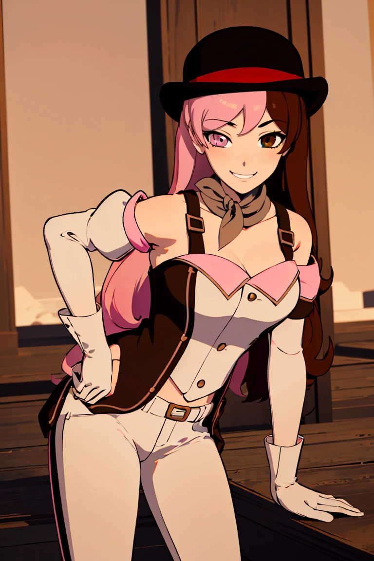 ((masterpiece,best quality)),  absurdres,
<lora:Neopolitan_RWBY_v2_AnyLora:0.8>, Neopolitan_RWBY,  pink hair, brown hair, split-color hair, ((brown eyes, pink eyes, heterochromia)), smug,
white pants, white gloves,
solo, smiling, looking at viewer, cowboy shot, leaning forward,