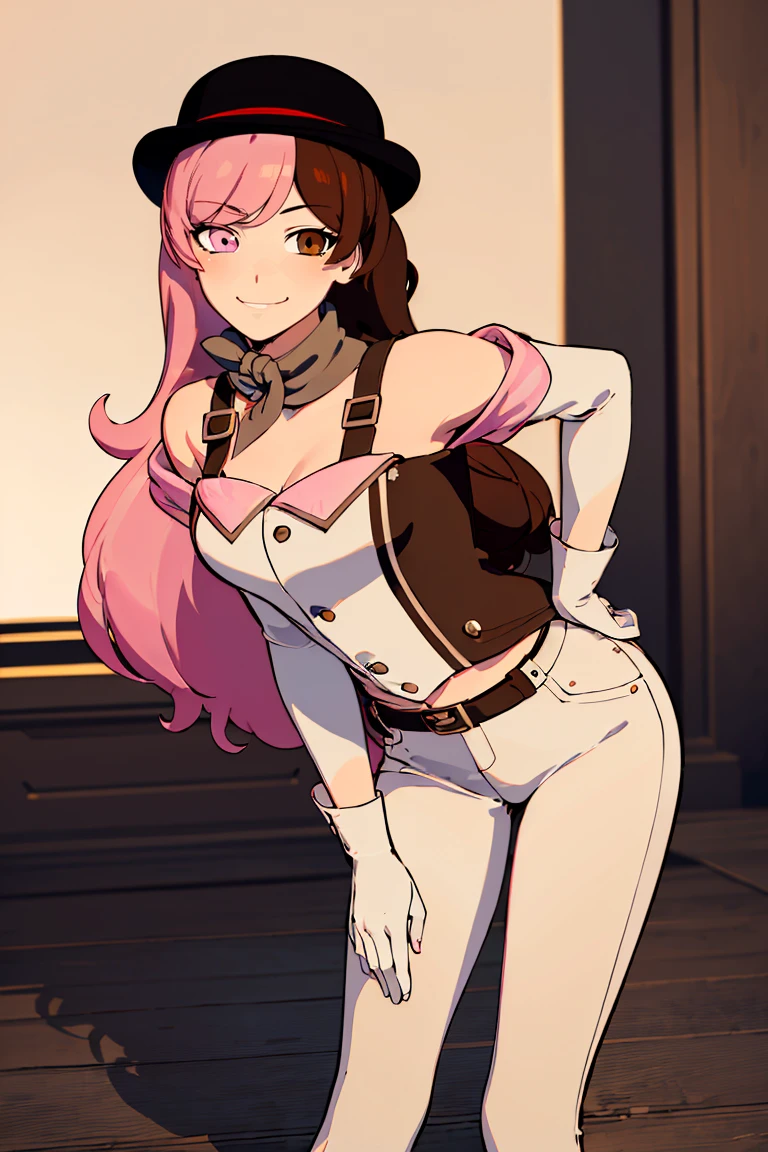 ((masterpiece,best quality)), absurdres,
<lora:Neopolitan_RWBY_v2_AnyLora:0.8>, Neopolitan_RWBY, pink hair, brown hair, split-color hair, ((brown eyes, pink eyes, heterochromia)), smug,
white pants, white gloves,
solo, smiling, looking at viewer, cowboy shot, leaning forward,