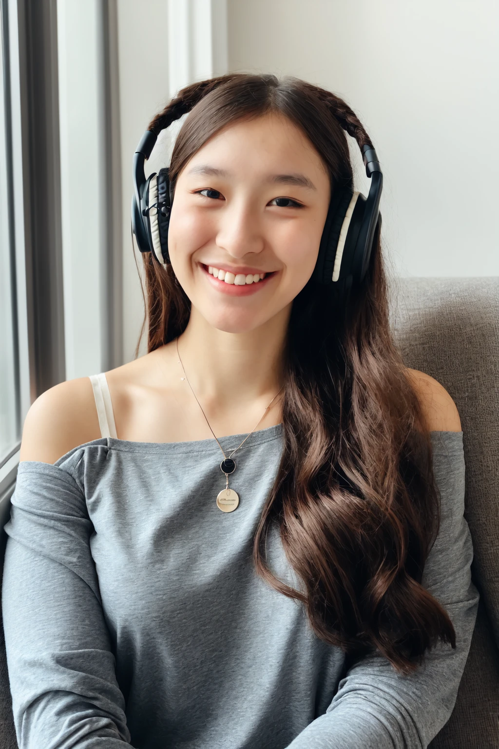 1girl, solo, long hair, looking at viewer, blush, smile, long sleeves, holding, jewelry, sitting, purple eyes, collarbone, upper body, braid, white hair, grey hair, parted lips, indoors, necklace, off shoulder, sweater, window, single braid, headphones, instrument, couch, hair over shoulder, music, guitar, brown shirt, playing instrument, holding instrument, bra strap, acoustic guitar