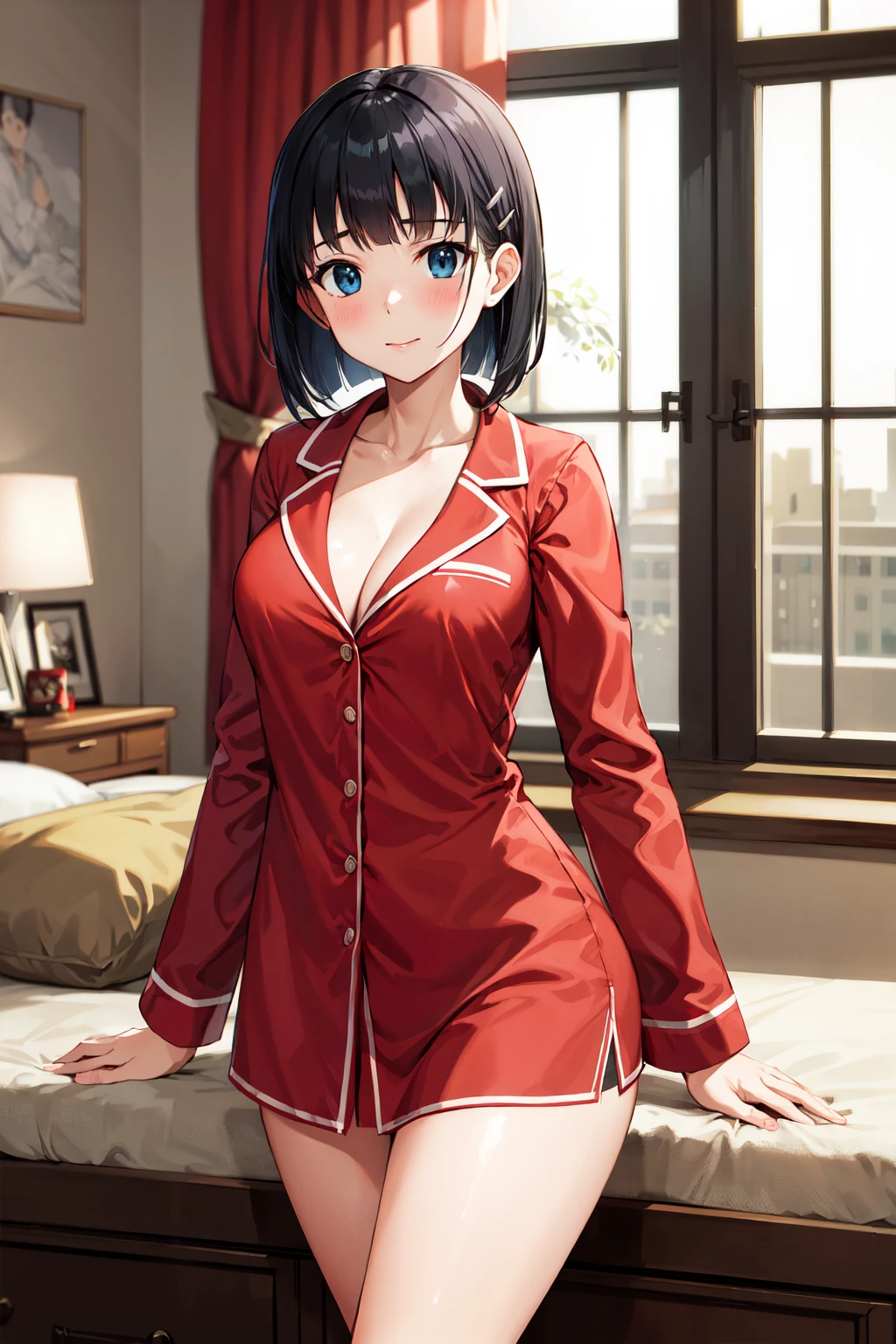 masterpiece, best quality, highres, aasugu, short hair, hairclip, cleavage, pajamas, red shirt, dress shirt, bare legs, <lora:kirigaya_suguha_v1:0.7>, standing, cowboy shot, indoors, room