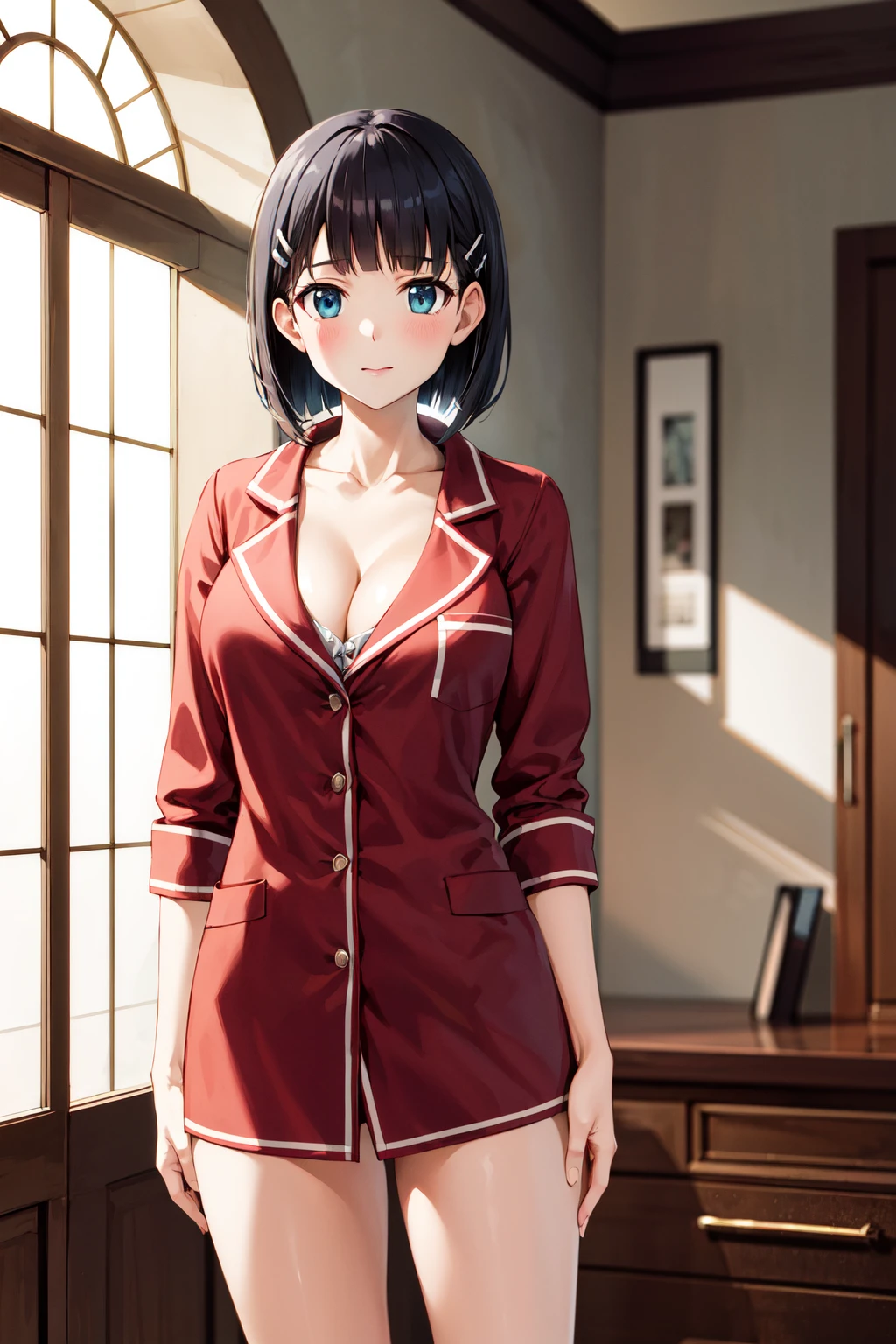 masterpiece, best quality, highres, aasugu, short hair, hairclip, cleavage, pajamas, red shirt, dress shirt, bare legs, <lora:kirigaya_suguha_v1:0.7>, standing, cowboy shot, indoors, room