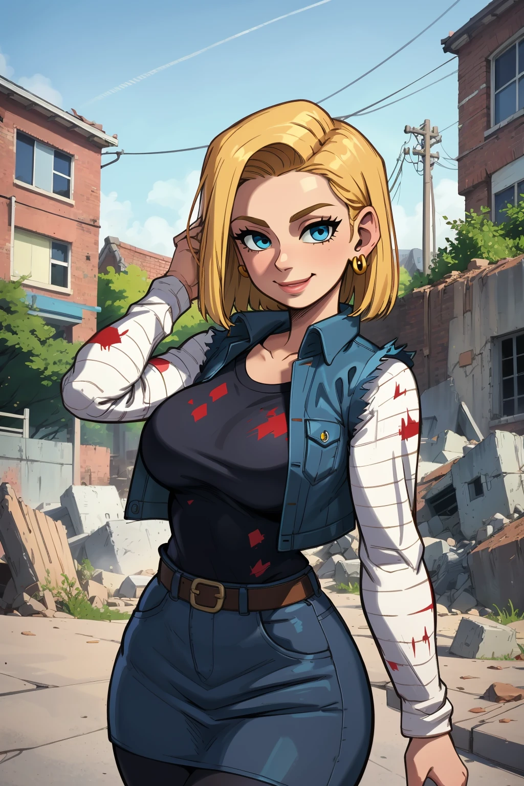 1girl, (solo:1.2), (head in frame:1.5), curvy, (intrigued:1.2), (self confident:1.1), (overjoyed:1.3), (closed mouth:1.5), (close-up:1.4), (masterpiece:1.3), (best quality:1.3), (perfect anatomy:1.4), highly detailed, <lora:Rizdraws [MockAi - v2.0]:0.8> rizdraws, thick lineart, (film grain:1.2), (semi-traditional artstyle:1.3), <lora:DB - Android 18 [h_madoka - v1.0]:0.55> and18, 1girl, android 18, solo, blonde hair, blue eyes, short hair, earrings, jewelry, denim vest, open vest, black pantyhose, black shirt, denim skirt, striped long sleeves, blue skirt, large breasts, (post fight scenery:1.3), rubble, outside, daylight