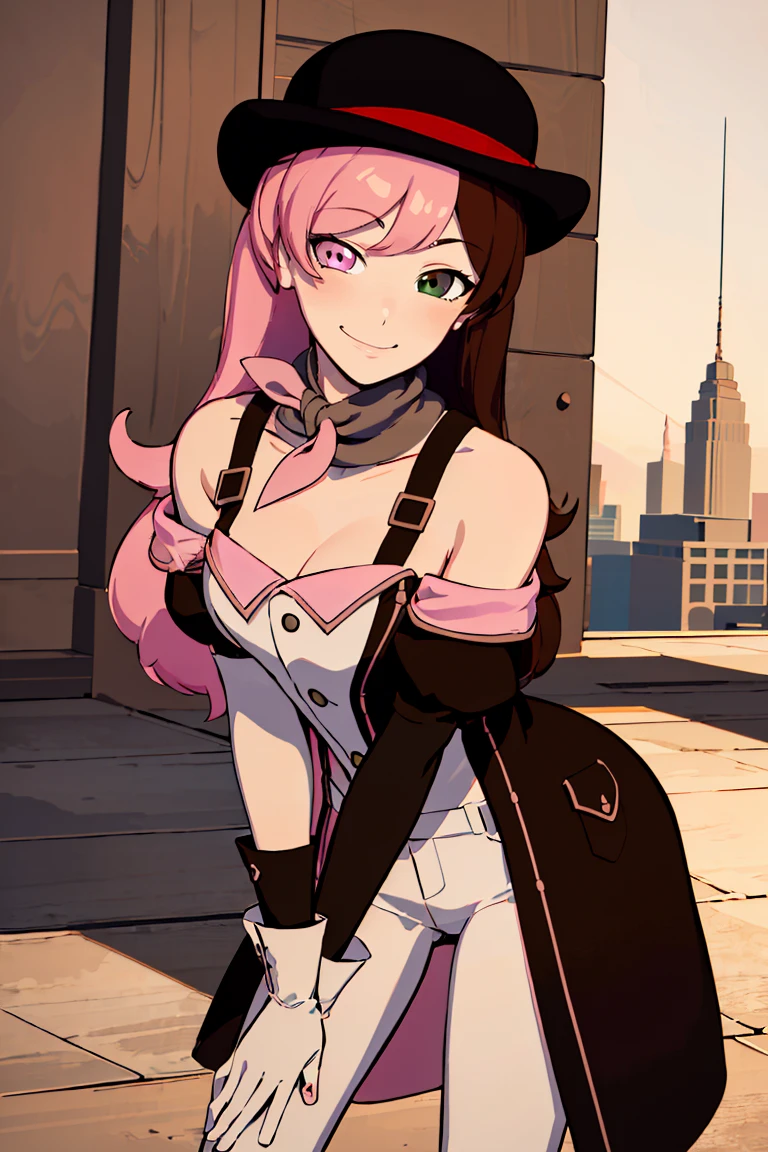 ((masterpiece,best quality)),  absurdres,
<lora:Neopolitan_RWBY_v2_AnyLora:0.8>, Neopolitan_RWBY,  pink hair, brown hair, split-color hair, ((brown eyes, pink eyes, heterochromia)), smug,
white pants, white gloves,
solo, smiling, looking at viewer, cowboy shot, leaning forward,