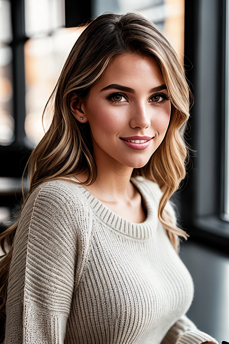 photo of beautiful (k4r4dt:0.99), a woman in a (restaurant:1.1), perfect hair, wearing (mini dress), (sweater), modelshoot style, (extremely detailed CG unity 8k wallpaper), professional majestic (photography by walker evans:1.1), (Sony a7R IV Mirrorless Camera), 24mm, exposure blend, hdr, faded, extremely intricate, High Detail, Sharp focus, dramatic, soft cinematic light, (looking at viewer), (detailed pupils), cute smile, 24mm, 4k textures, soft cinematic light, adobe lightroom, photolab, elegant, ((((cinematic look)))), soothing tones, insane details, hyperdetailed, low contrast