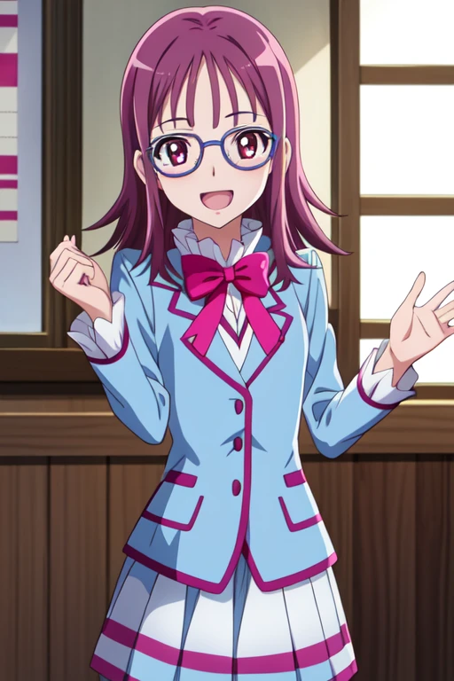 hojosakura, 1girl, solo, glasses, aria gakuen school uniform, open mouth, anime coloring, smile, eyelashes