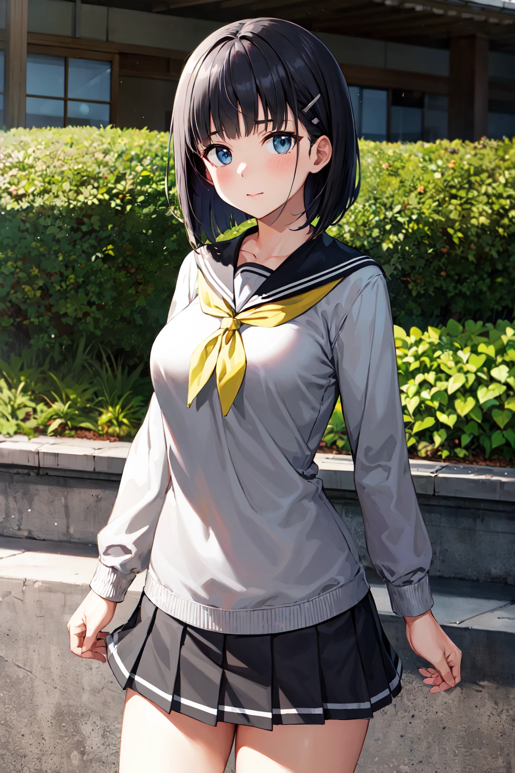 masterpiece, best quality, highres, aasugu, short hair, hairclip, large breasts, grey sweater, black sailor collar, yellow neckerchief, black skirt, <lora:kirigaya_suguha_v1:0.7>, standing, cowboy shot, outdoors