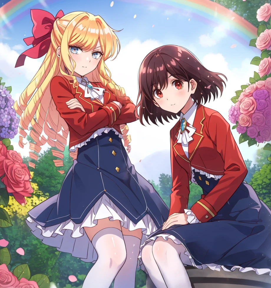 Kurea, ReiTeira, fanart, 2girls, multiple girls,   sitting on fountain, 
frilled skirt, looking at viewer,   school garden,outdoors,  rainbow, flowers, crossed arms,
black belt, blush, bow, breasts, buckle, buttons, gem, 
collared jacket, frilled skirt,  holding wand, 
jacket, knee boots, necktie, red bow, school uniform
<lora:wataoshi_ep01_lohad8_attn-mlp-step00030000:1>