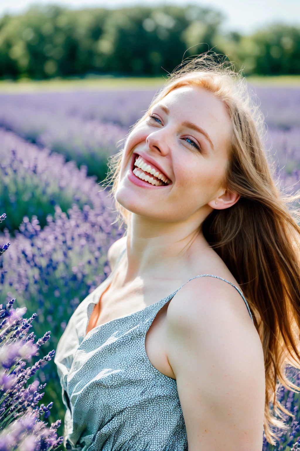 (best quality,  masterpiece,  beautiful and aesthetic,  colorful,  dynamic angle) a field of lavender,  early summer,  a young woman with strawberry blonde hair,  pale blue sundress,  on her back on the ground surrounded by lavender,  flirting,  smiling softly,  glancing at viewer,  (hyper realism,  soft light,  dramatic light,  sharp,  HDR,  official art,  extreme detail,  highest detail)