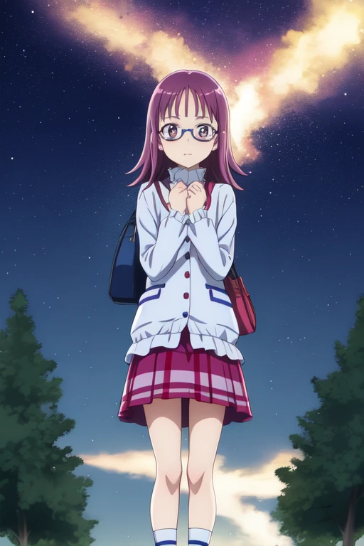 hojosakura, glasses, shirt, bag, sky, night, tree, looking at viewer, star /(sky/), starry sky, night sky, socks