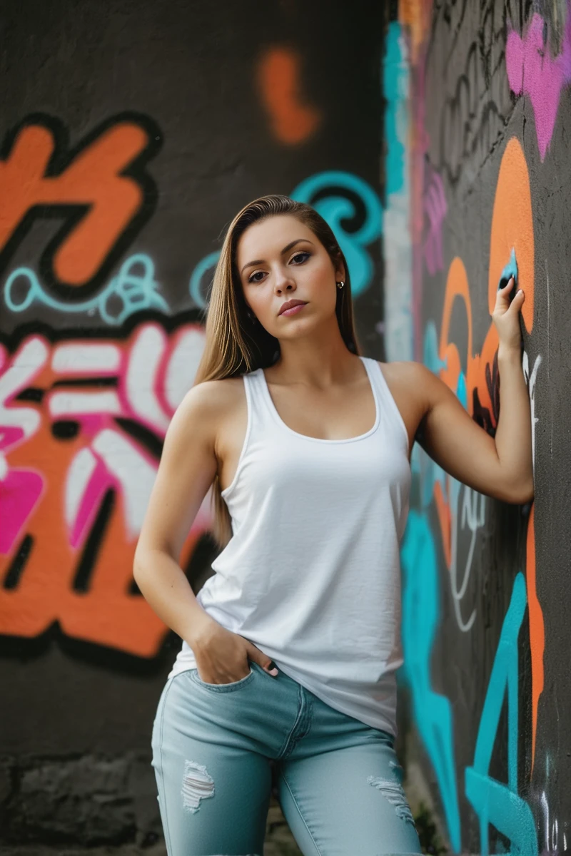 a woman with long hair standing next to a wall with graffiti on it and wearing a white tank top,Anna Hotchkis,portrait photography,dark cinematic aerial photo Desaturated,masterpiece,contest winner,RAW photo,subject,(high detailed skin:1.2),8k uhd,dslr,soft lighting,high quality,film grain,Fujifilm XT3,
Film still,cinematic,photo of a cute woman,detailed skin texture,shot on film,vibrant colors,neon theme,graffiti art,graffiti,<lora:SDXL1.0-LoRa_Zeitgeist-Photographic-Style_by-AI_Characters-v2.0:1>,<lora:people_005_cosine_iter2_ 0000005_sdxl_10epoches_adafactor:1>