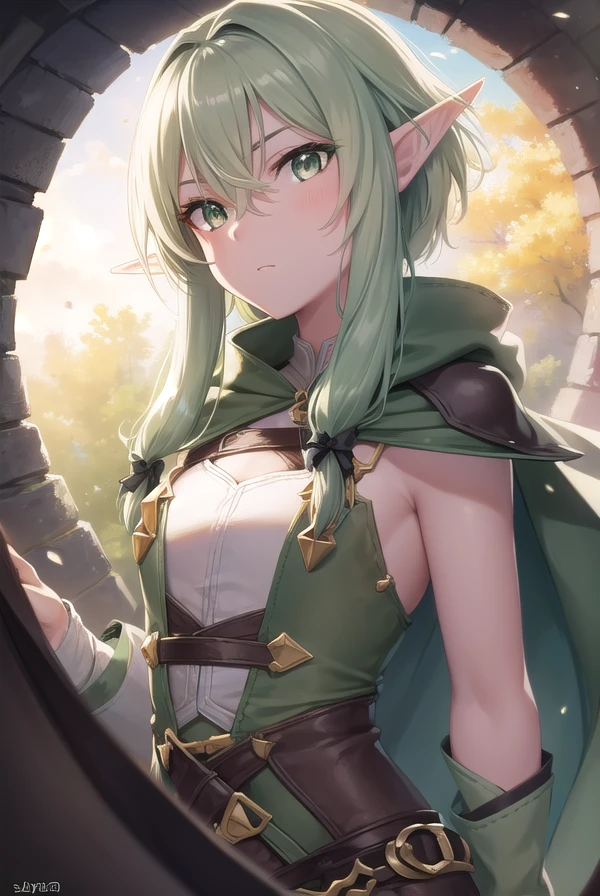 highelfarcher, <lora:highelfarcher-lora-nochekaiser:1>, 
high elf archer, elf, (green eyes:1.5), green hair, hair between eyes, long hair, pointy ears, sidelocks, (flat chest:1.2),
BREAK asymmetrical clothes, boots, cloak, elf, gloves, green thighhighs, high heels, shorts, thighhighs,
BREAK looking at viewer,
BREAK outdoors, nature, forest,
BREAK <lyco:GoodHands-beta2:1>, (masterpiece:1.2), best quality, high resolution, unity 8k wallpaper, (illustration:0.8), (beautiful detailed eyes:1.6), extremely detailed face, perfect lighting, extremely detailed CG, (perfect hands, perfect anatomy),