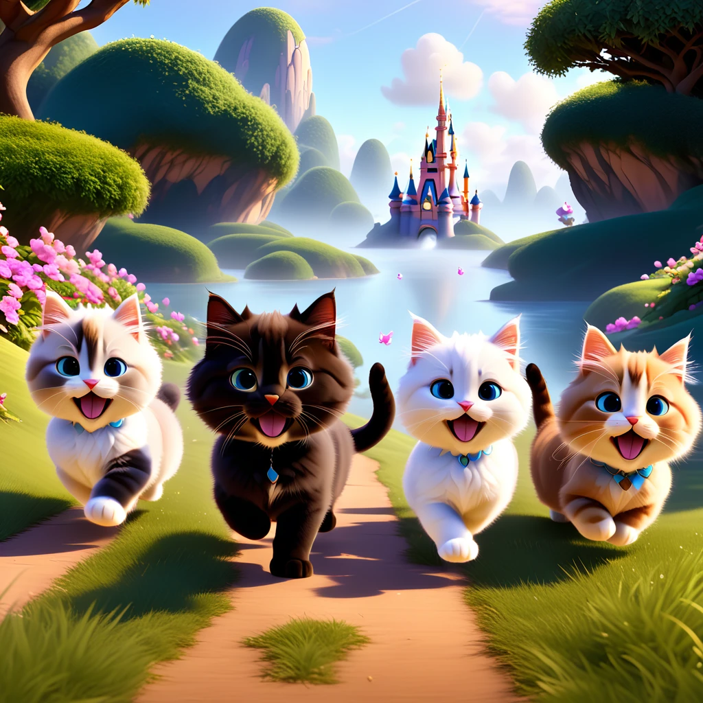 modisn disney style, several cute cats running towards the viewer, beautiful scenery